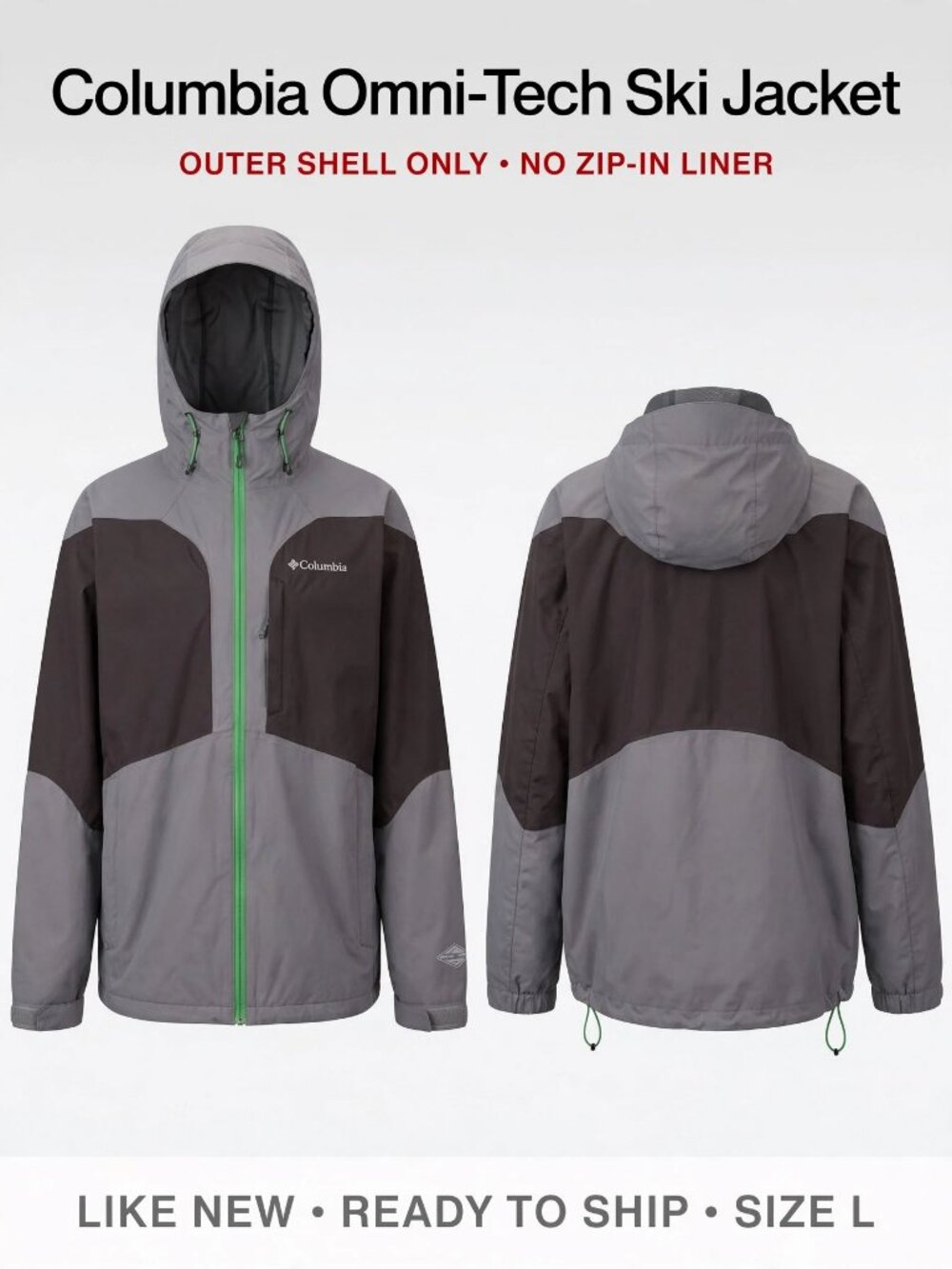 Columbia Omni-Tech Ski Jacket Mens L Gray Black Green Shell Only - No Liner
